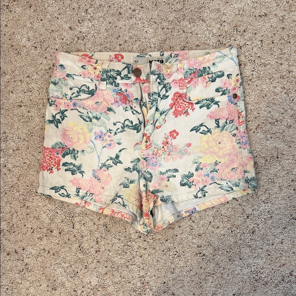 Topshop Cream High-Waist Floral Shorts with Pink and Green Accents